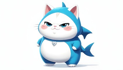 A cute, chubby white cat wearing a blue shark costume, with large eyes and a small smile, standing against a plain white background
