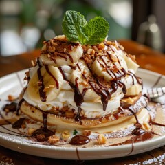 Decadent Banana Pancake Stack with Whipped Cream and Chocolate Drizzle. Generative AI.