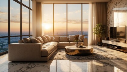 beige marble theme penthouse living room luxury unit with sofa and morning sunlight rays from Generative AI - obrazy, fototapety, plakaty