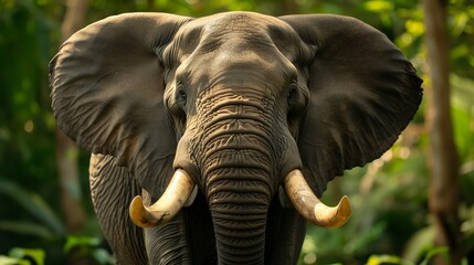 An HD closeup of an angry elephant, tusks bared and eyes narrowed, with a blurred jungle backdrop...