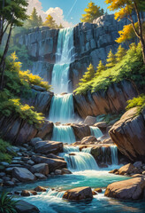 Cascade waterfall in the forest, rocks and mountains, flowing water stream river. Vertical storybook illustration