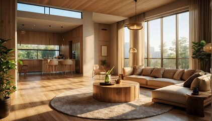 beige wood theme penthouse living room luxury unit with sofa and morning sunlight rays from Generative AI