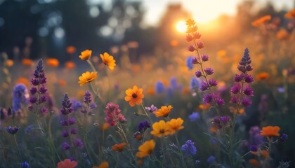 Fototapeta na wymiar A field of colorful wildflowers in warm sunset light, including orange, yellow, and purple blooms against a blurred background