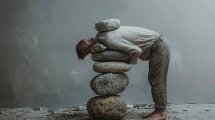 Tired exhausted man has to carry heavy stones, symbolism for: everyday burdens, Strugglesm Stress, Pressure, Challenges of life, copy and text space, 16:9