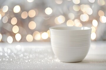 Obraz na płótnie Canvas Cozy Winter Atmosphere with Warm Mug and Soft Bokeh Lights