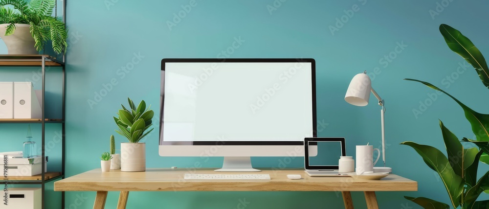 Poster 3d rendering of a workspace with a computer on a wood table in a blue pastel room.