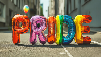 Rainbow LGBTQ+ Pride Month Sign. Colorful Balloon Letters, Text Effects. Glossy Folio, Bubble, 3d Cartoon, Retro, Disco, Fun. Poster, Header, Banner, Background. Festival, Parade, Party, Social Media.