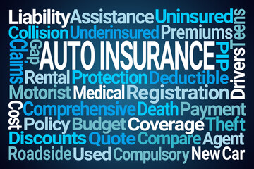 Naklejka premium Auto Insurance Word Cloud on Blue Background
