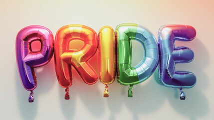 Rainbow LGBTQ+ Pride Month Sign. Colorful Balloon Letters, Text Effects. Glossy Folio, Bubble, 3d Cartoon, Retro, Disco, Fun. Poster, Header, Banner, Background. Festival, Parade, Party, Social Media.