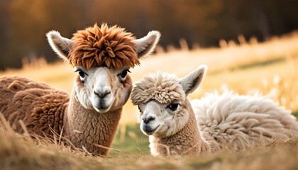 Obraz premium Two fluffy alpaca or llama-like animals with soft, curly fur in a field