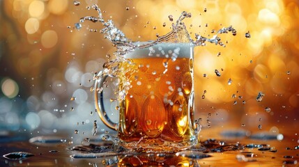 Envision a dynamic presentation featuring a beer mug with a splash isolated against a backdrop - obrazy, fototapety, plakaty