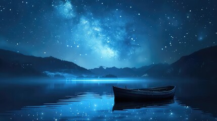 A solitary boat drifting on a serene lake under a starry night sky, evoking a sense of calm and tranquility in solitude.