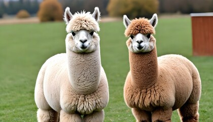 Obraz premium Two fluffy alpaca or llama-like animals with soft, curly fur in a field