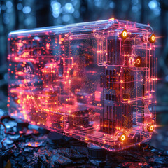 Quantencomputing: Ein Quantencomputer, der komplexe Berechnungen durchfÃ¼hrt, umfasst von einer Aura aus Datenlicht. --stylize 750 Job ID: b374a757-28a0-4825-ab3f-0e812ca1fa1f