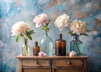 Beautiful white and pink peonies in glass vases and bottles on a wooden chest of drawers. Flowers and buds in a vase. Light, white, pink and blue floral background.