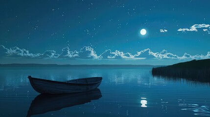 A solitary boat drifting on a calm lake under a moonlit sky, evoking a sense of tranquility and solitude.
