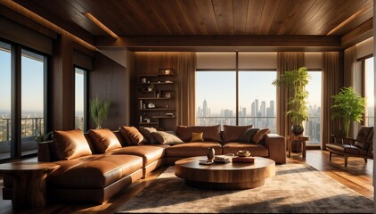 brown wood theme penthouse living room luxury unit with sofa and morning sunlight rays from Generative AI - obrazy, fototapety, plakaty