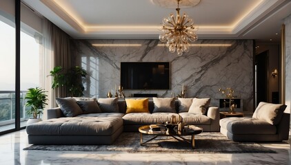 gray marble theme penthouse living room luxury unit with sofa and morning sunlight rays from Generative AI - obrazy, fototapety, plakaty