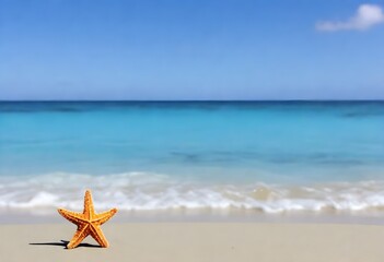 Fototapeta na wymiar A starfish on a sandy beach with clear turquoise water and a bright blue sky in the background