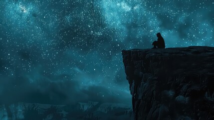 A solitary figure sitting on a cliff edge, gazing at the stars above, contemplating the vastness...