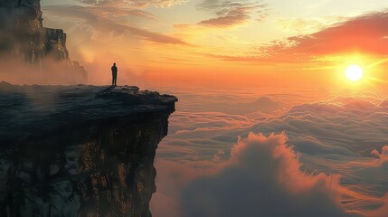 A solitary figure standing at the edge of a cliff, watching the sunrise over a mist-covered valley,...