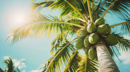 Close view of a coconut tree with a blue sky background.