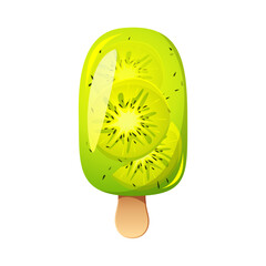 Kiwi ice cream, fruit popsicle on a wooden stick with kiwi pieces. Summer cold dessert, frozen juice.Vector illustration.