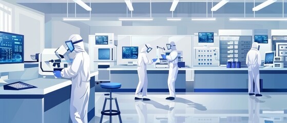 High-precision, sterile manufacturing laboratory where scientists wear protective coveralls to operate machinery, use computers and microscopes, and conduct biotechnology and semiconductor research.