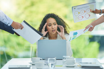 Stress, chaos and business woman on laptop multitasking with documents, paperwork and team project....