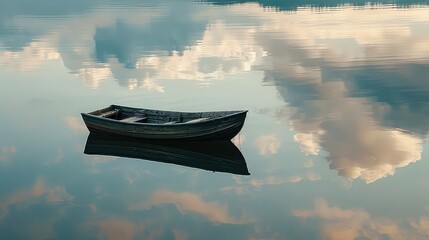 A solitary rowboat drifting lazily on a glassy lake, the only disturbance in a scene of perfect...