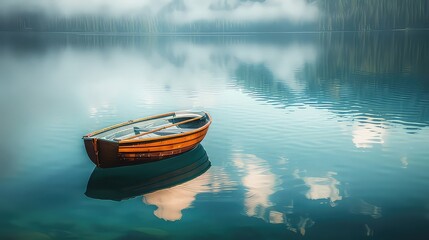 A solitary rowboat drifting lazily on a glassy lake, the only disturbance in a scene of perfect...