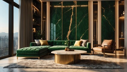 green marble theme penthouse living room luxury unit with sofa and morning sunlight rays from Generative AI