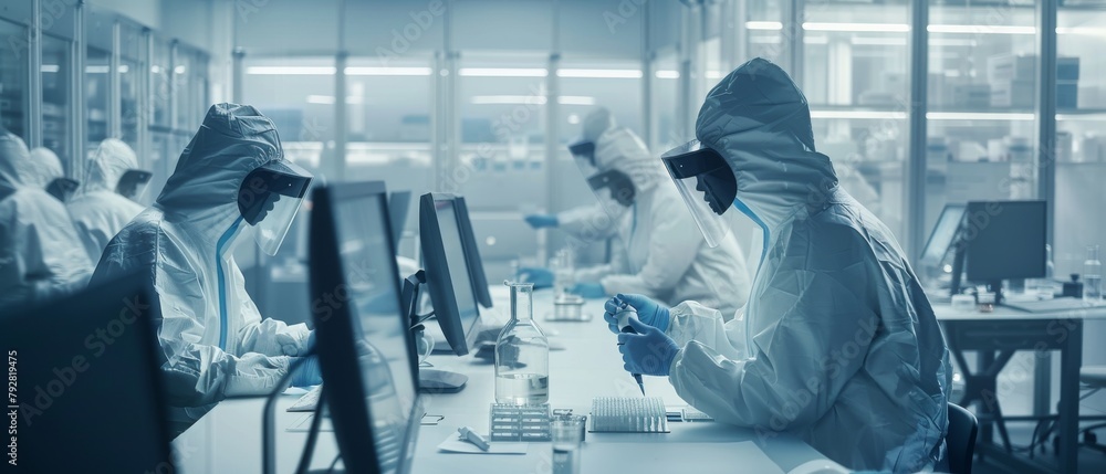 Poster an image of a team of research scientists working in sterile suits using computers, microscopes, and