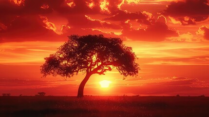A solitary tree silhouetted against a fiery sunset, embodying resilience and strength in the face of adversity.