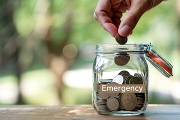 A hand dropping coins into a glass jar labeled "Emergency"