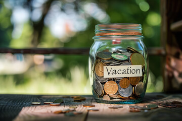 A jar full of coins with a label "Vacation"