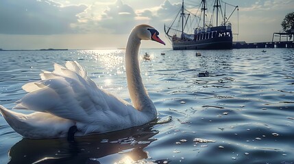 a beautiful swan rests on the shimmering surface of the water an arm's length from the shore. a ship can be seen in the background - obrazy, fototapety, plakaty