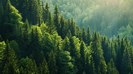 This is an aerial view of a lush green coniferous forest.
