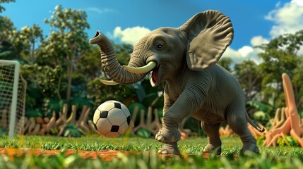 An HD Elephant dribbling a soccer ball with its trunk, ready to score a goal on a vibrant field