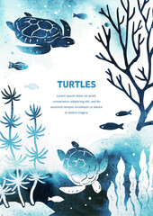 Vector vertical template with fish, turtles and seaweed on white background. Watercolor illustration with underwater nature and marine wildlife. A4. Useful for flyer, list, ad, cover, banner