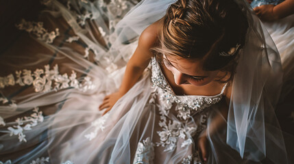 Beautiful bride in wedding dress posing in her room before wedding ceremony