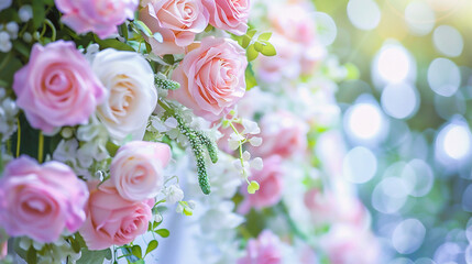 Wedding bouquet of pink and white roses on blurred background