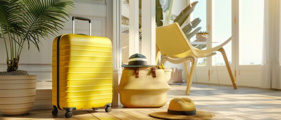 Summer travel concept. Yellow suitcase with beach accessories on wooden floor. 3D rendering