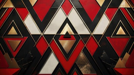 Envision a regal display of symmetry with red, black, and gold triangles arranged in geometric precision