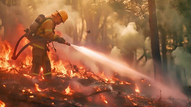 Experienced firefighter extinguishing a wildland fire by spraying water on a forest. Fireman battling forest fire concept. Ai Footage.
