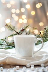 Obraz na płótnie Canvas Cozy Winter Warmth: Mug, Pine Cones, and Twinkling Lights