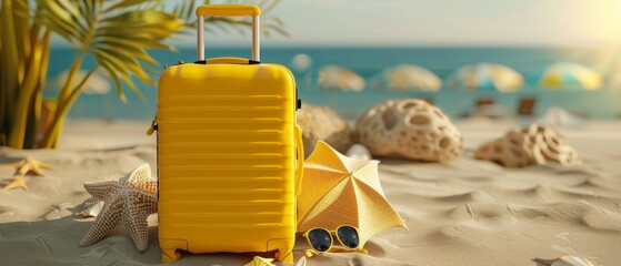 On a sand background, a yellow suitcase holds beach accessories. The concept is of traveling during the summer months. An 3D rendering is shown.