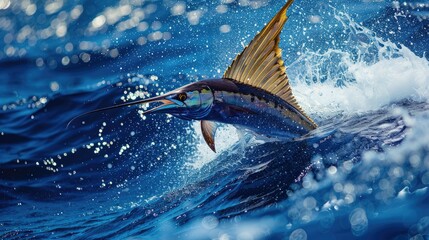 Envision a sailfish making a splash as it jumps freely over the deep blue sea water. - obrazy, fototapety, plakaty