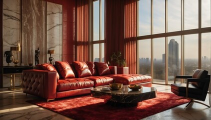 red marble theme penthouse living room luxury unit with sofa and morning sunlight rays from Generative AI