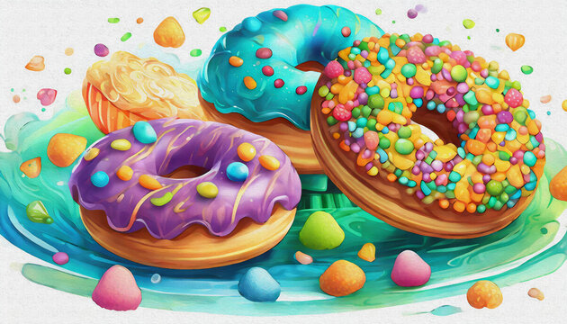 oil painting style CARTOON Colorful sugar sprinkles and donuts isolated on white background,